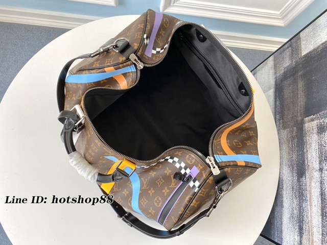 路易威登LV旅行包 M55819 KEEPALL 50旅行袋 LV老花黑皮條紋格子絲印男士旅行袋 xxlv2562